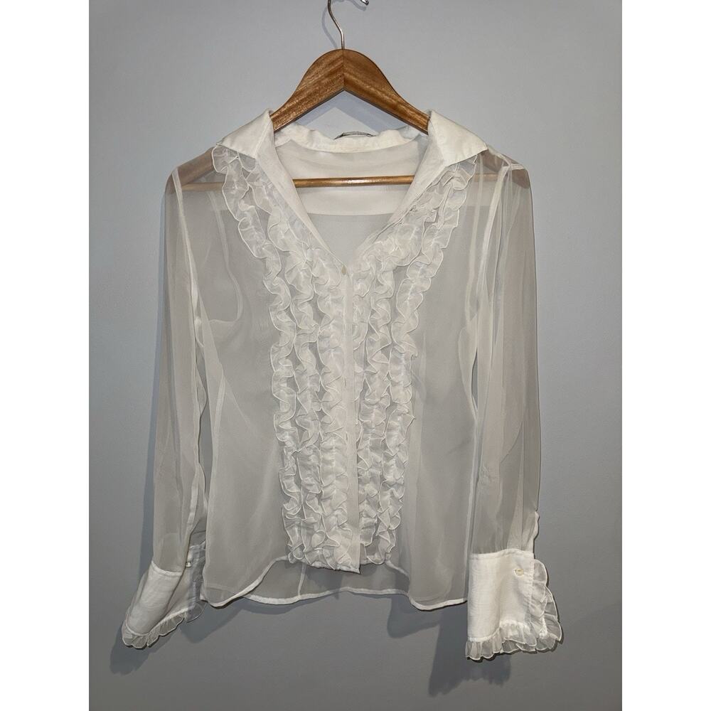 NARACAMICIE White Sheer Chiffon Ruffle Button Collared Blouse Long Sleeve Italy